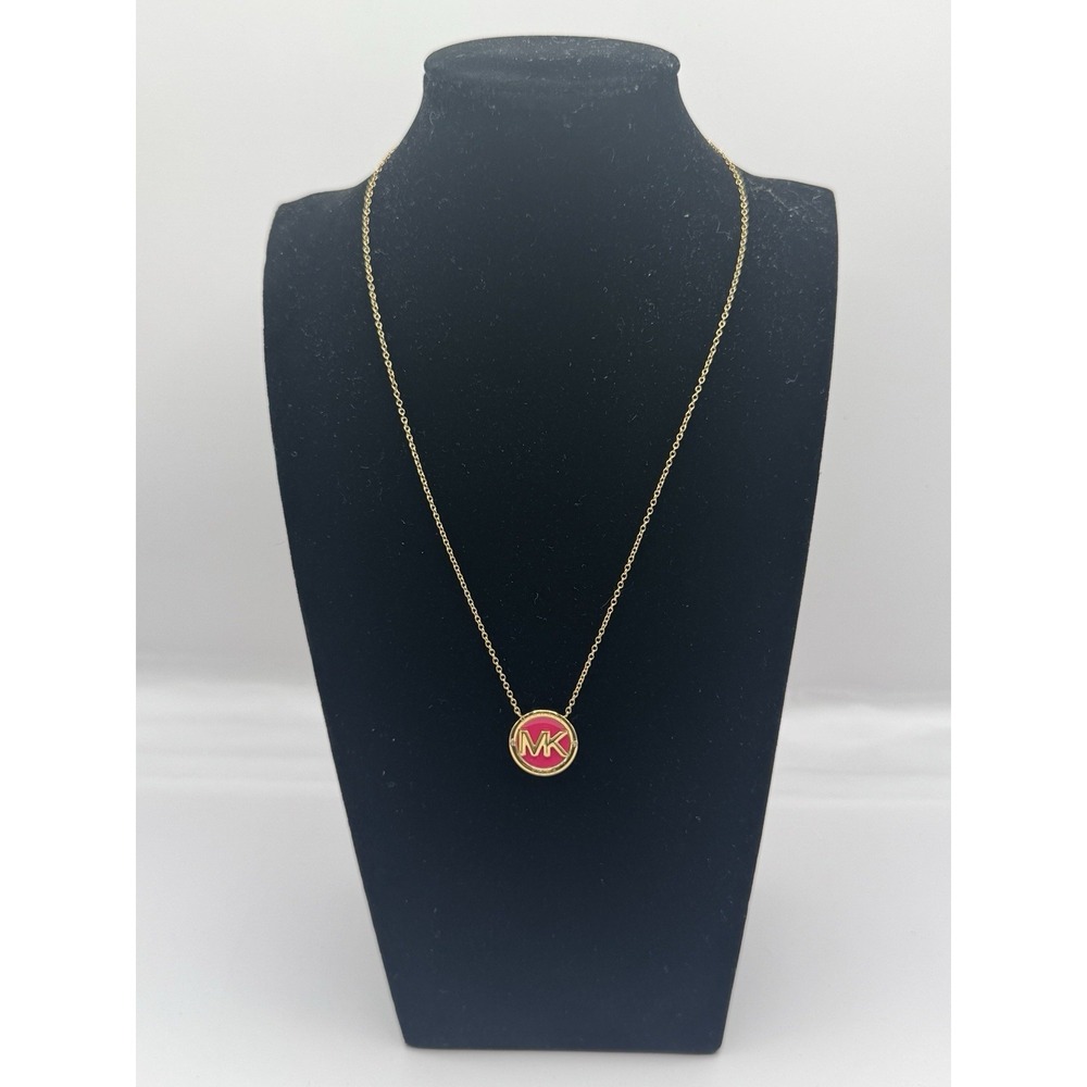Michael Kors MK Logo Necklace Gold Tone Pink Enamel Pendant Chain